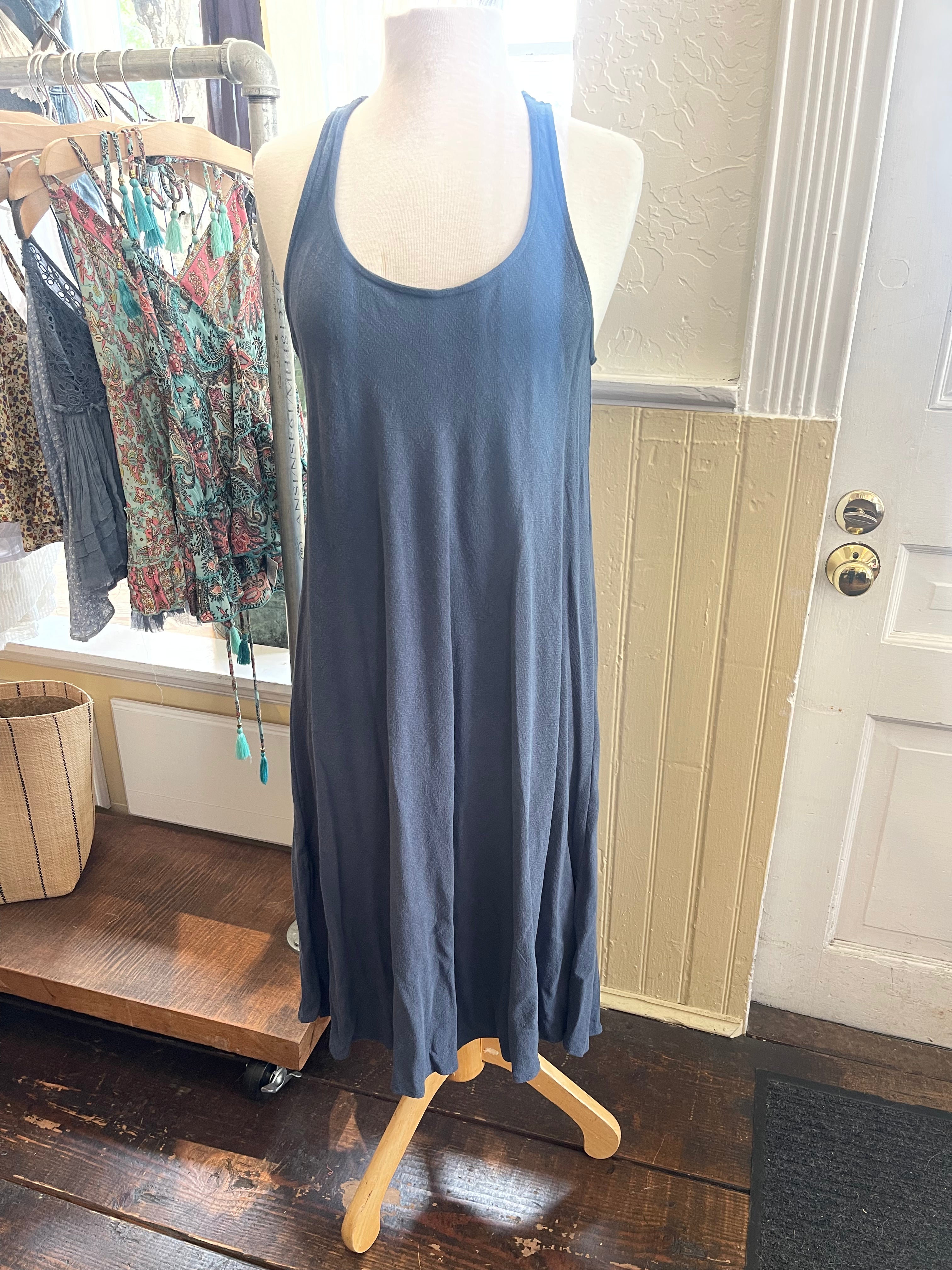 linen racerback dress Linen Racerback Mix Media Midi Dress in New Navy - XL - Shop STATESIDE Dresses